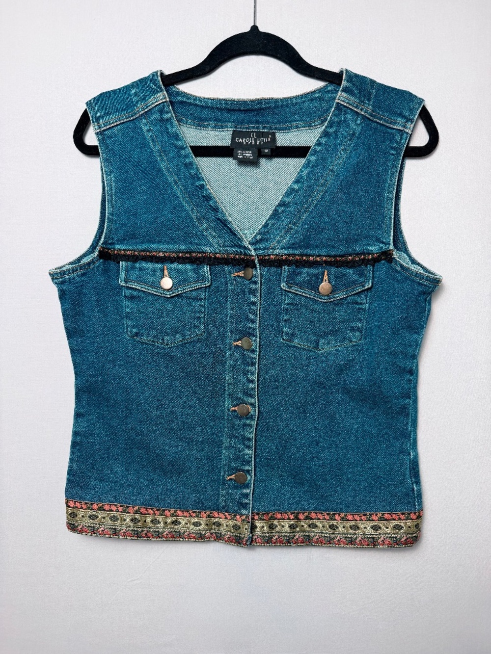 Vintage Carole Little Denim Button Up Vest w/Embroidered Floral Border, Sz 12
